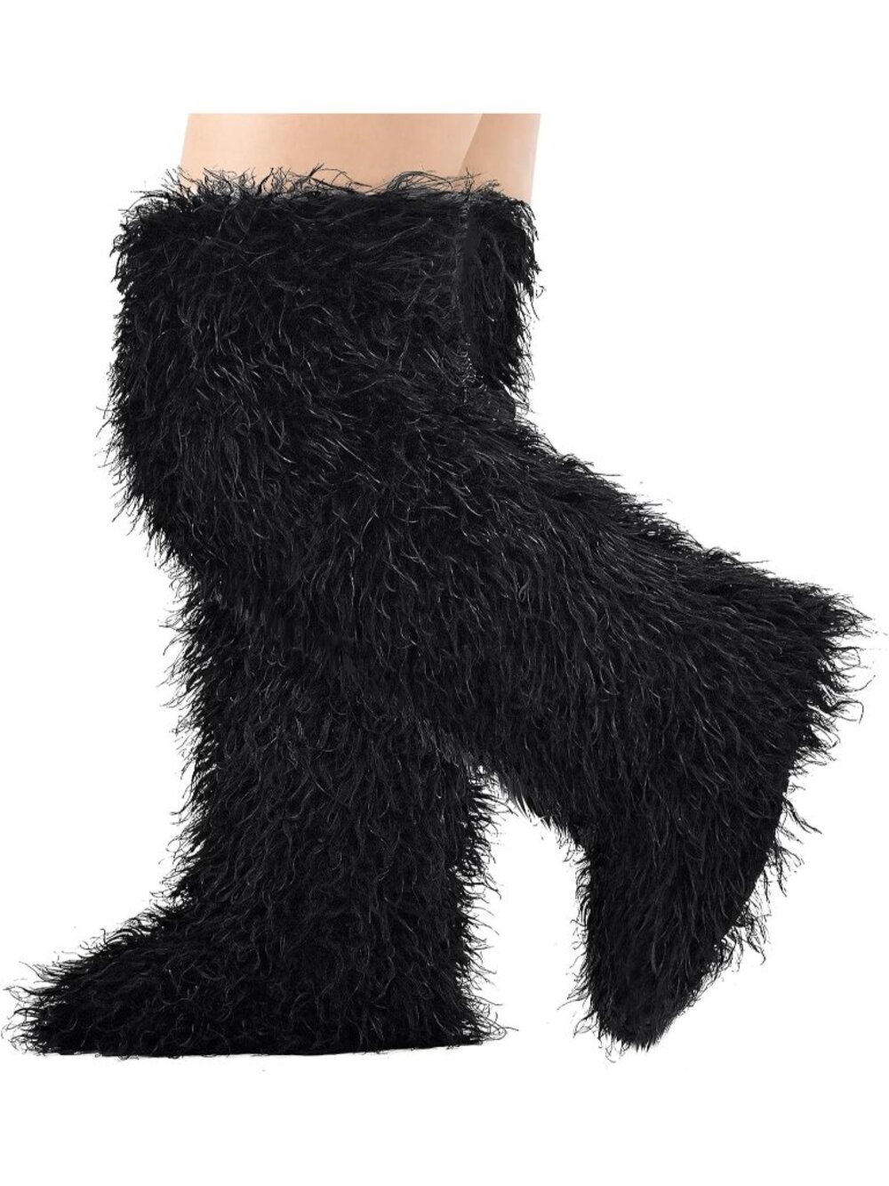 Women's Black Faux Fur Flat Stretch Over The Knee Furry Thigh High Boots